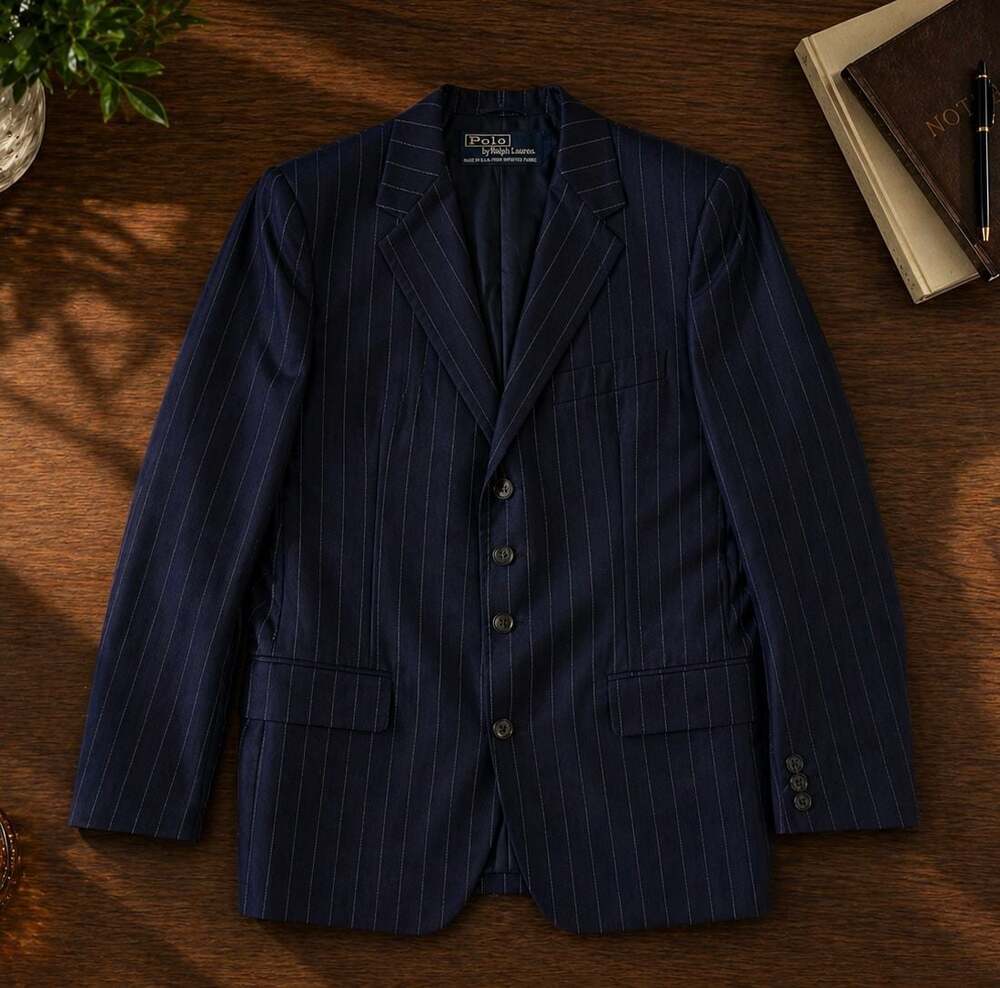 Vintage Polo Ralph Lauren Navy Pinstripe Suit USA Made 40R 36x32 Wool 4 Button